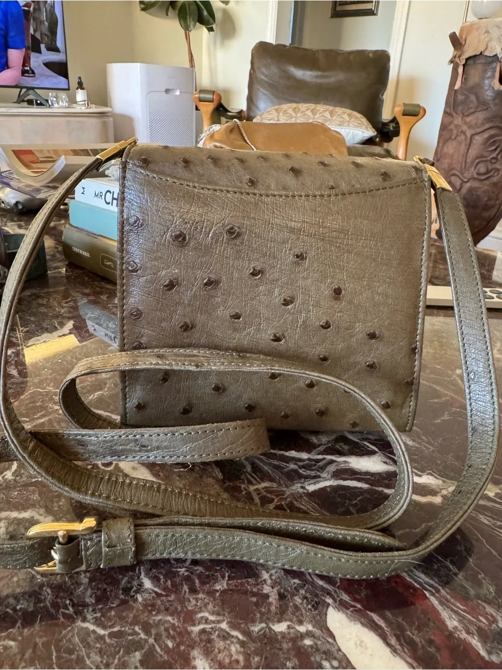 NWT Nakara Namibia Genuine Olive Ostrich Leather Crossbody Clutch Bag